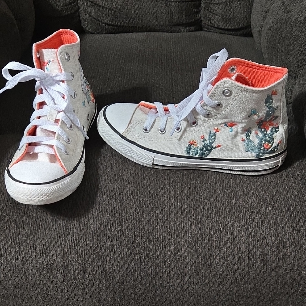 Converse White High-Top Sneakers with Coral Trim and Cactus Motif